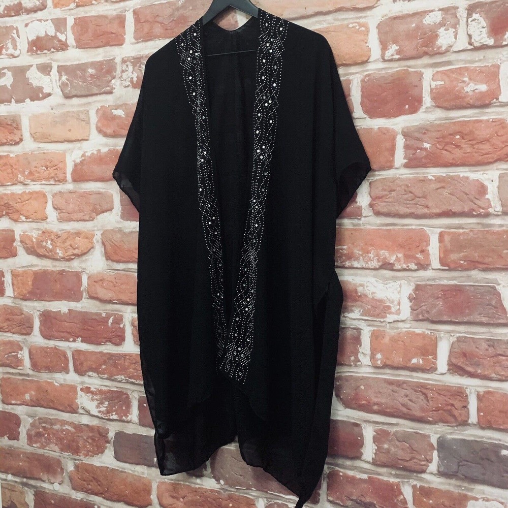 Jessica McClintock Kimono Top OS Womens Black Rhinestone Open Front Topper Shrug - Picture 3 of 9